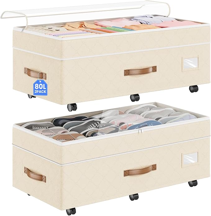 Budding Joy 80L 2 Pack Adjustable Under Bed Storage with Wheels, Beige | Underbed containers with clear lids, rolling underbed shoe storage organizer for dorm clothes, blankets, easy to install