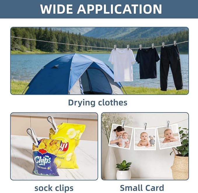 Plastic ClothesPins Heavy Duty Out door 24 Pack with Storage Box, 2.5-Inch Chip Clips with Non-Slip No-Trace Design for Laundry, Drying Clothes,Towels, Crafts, Picture, Food Clips, Home Use and Travel