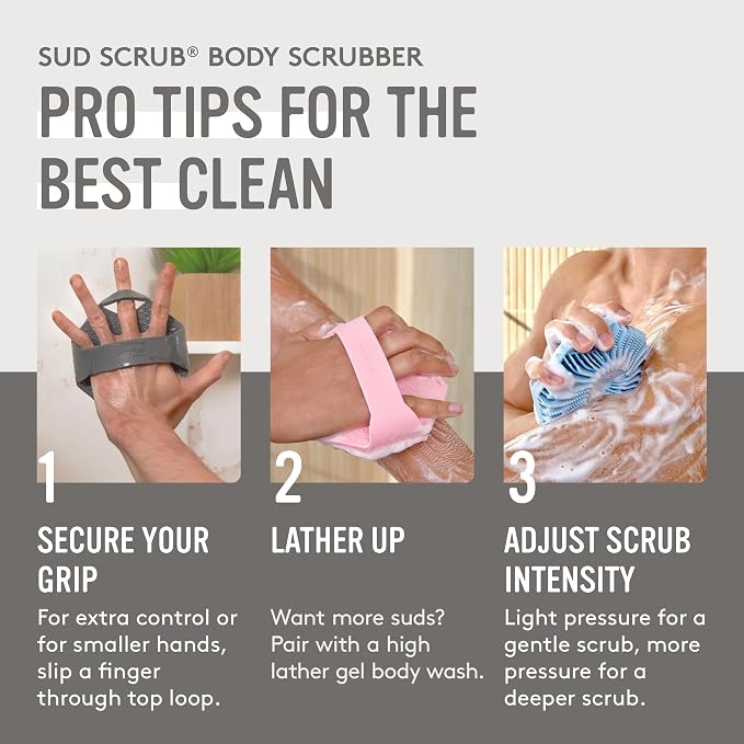 Sud Scrub® Antimicrobial Silicone Body Scrubber, Exfoliating Body Brush for Sensitive Skin, Antibacterial Shower Scrubber for Body, Bathroom Essentials for Men & Women, Clay