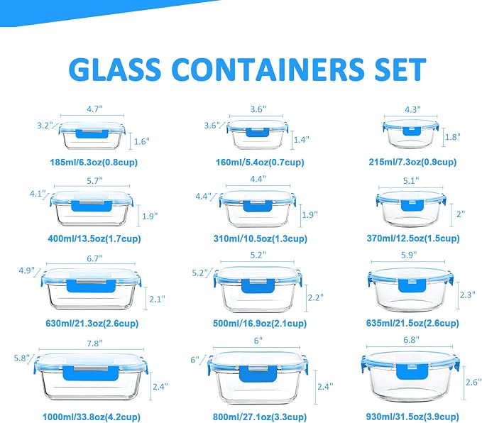 KOMUEE 24 Pieces Glass Food Storage Containers Set,Glass Meal Prep Containers, BPA-Free Airtight Glass Storage Containers with lids,Freezer, Microwave and Oven Safe,Blue