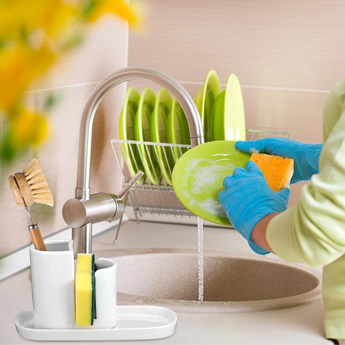 Geelin 3 in 1 Ceramic Kitchen Sink Caddy Dish Sponge Holder Scrub Brush Holder and Soap Tray for Kitchen Organizer White Rustic Farmhouse Supplies(White)