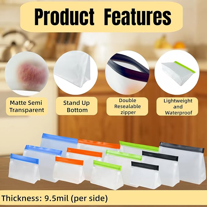 PABCK 9Pcs Reusable Silicone Produce Freezer Bags Self Seal Orange 3S+3M+3L | Stand Up Freezer Food Storage Bags Leakproof Resealable Bag for Sandwich Smell Proof Fridge Organization for Lunch Travel