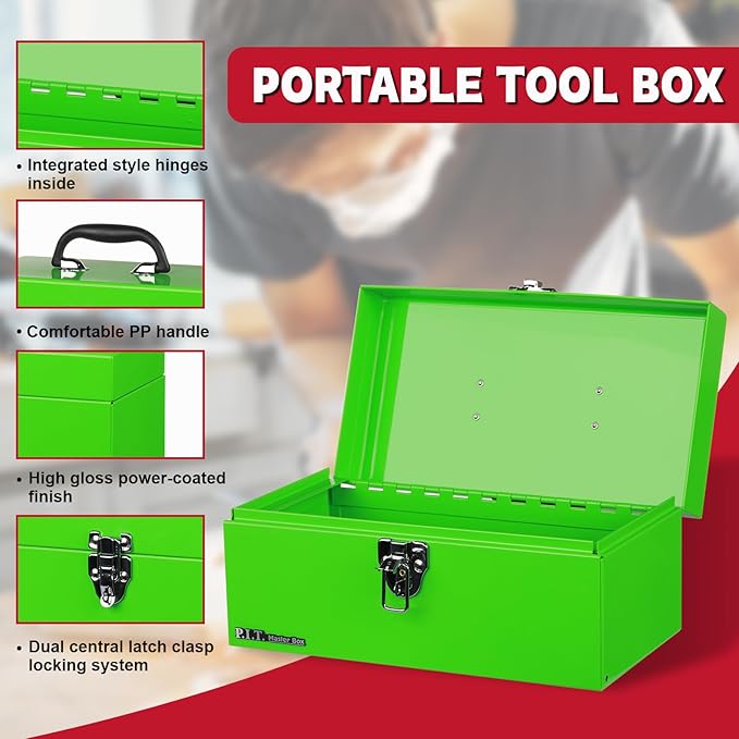 P.I.T. 12 Inch Tool Box,Portable Small Steel ToolBox with Metal Latch Closure for Household, Warehouse,Tools Storage,Green