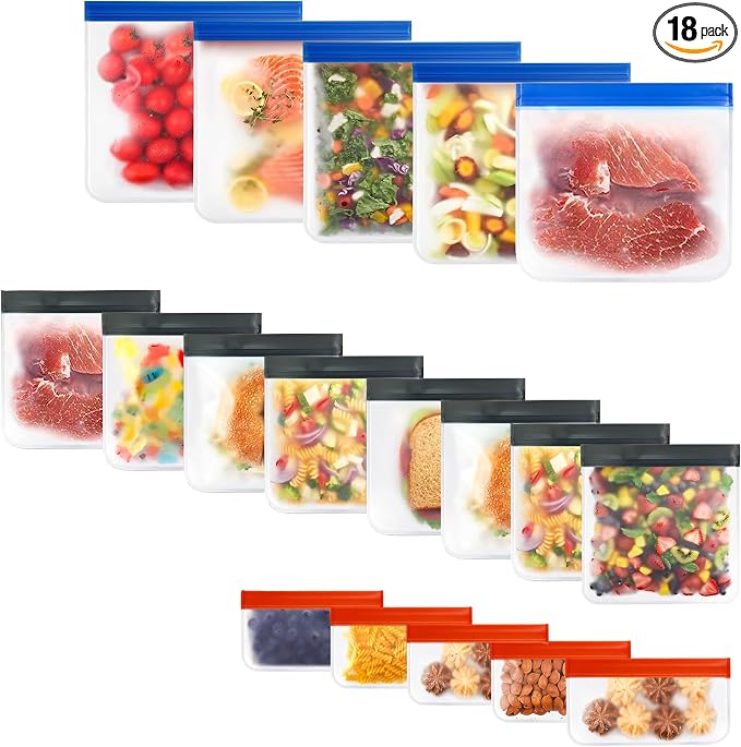 Reusable Food Storage Bags for Meal Prep, Freezer & Lunch – 18-Pack (5 Small, 8 Medium, 5 Large) Extra Thick BPA-Free Ziplock Bags – Leakproof, Dishwasher Safe, Microwave & Freezer Friendly