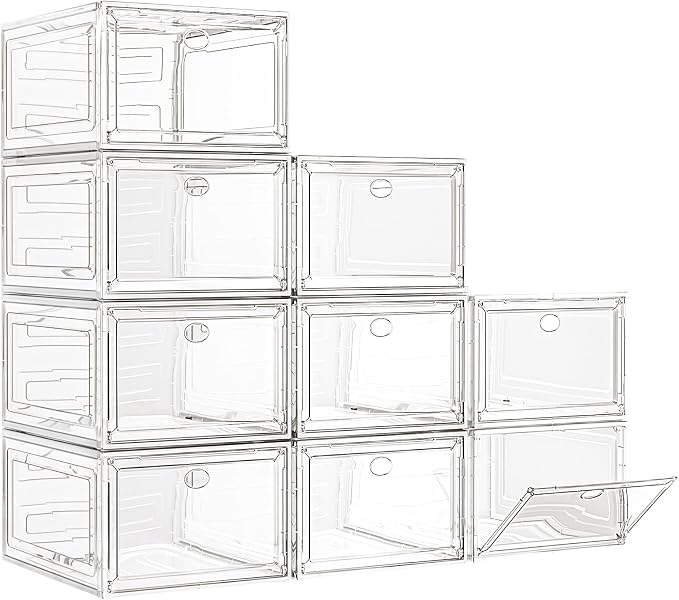 7 code Large Clear Shoe Boxes Organizer【Thicker Material】 Stronger Shoe Box with Magnetic Door, Stackable Shoe Storage Box for Closet, Foldable Space-Saving Storage Bins Shoe Cabinet, White 9 Pack | Foldable Shoe Storage Boxes for Sneakers & Boots, Spa...