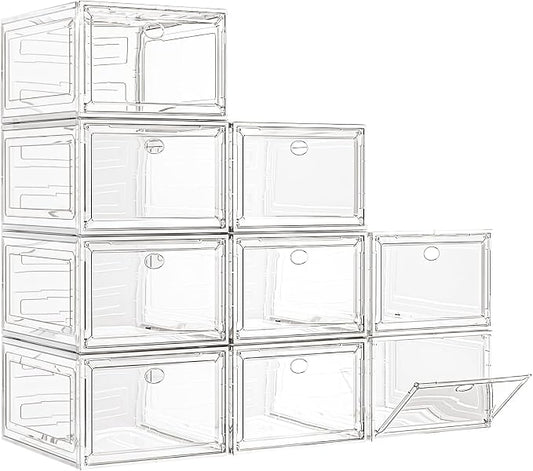 7 code Large Clear Shoe Boxes Organizer【Thicker Material】 Stronger Shoe Box with Magnetic Door, Stackable Shoe Storage Box for Closet, Foldable Space-Saving Storage Bins Shoe Cabinet, White 9 Pack | Foldable Shoe Storage Boxes for Sneakers & Boots, Spa...