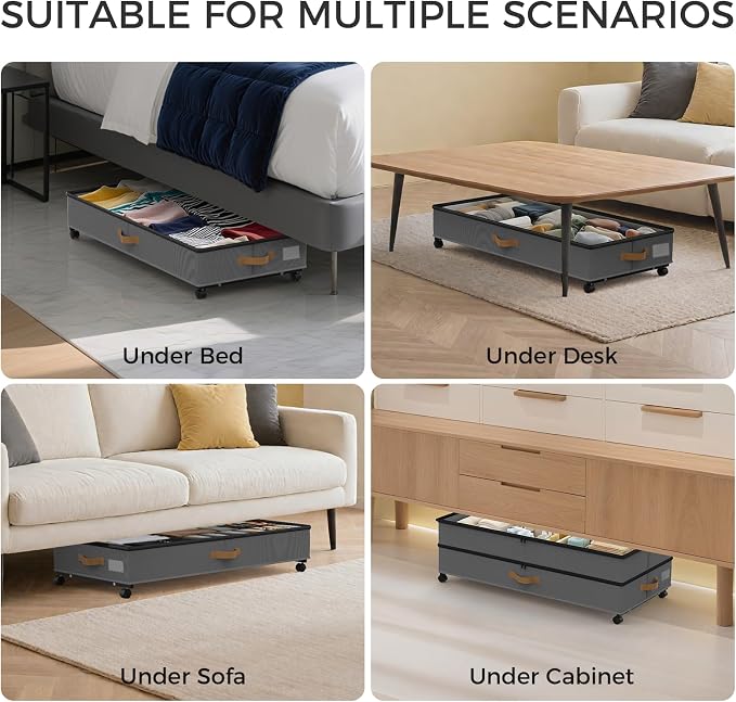 75L 4 Pack Adjustable Under Bed Storage with Wheels | Underbed containers with clear lids, rolling under bed shoe storage organizer for dorm home clothes, blankets, shoes, Grey