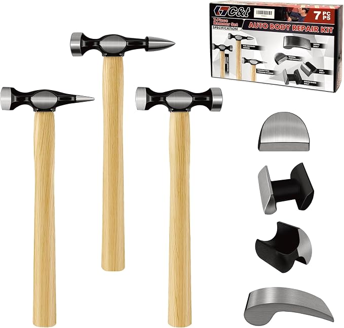 C&T Auto Body Repair Tool Kit,7 Piece,Car Body Repair Tool Kit, Carbon Steel Dolly and Hammer Dent Body Fender Tool Set
