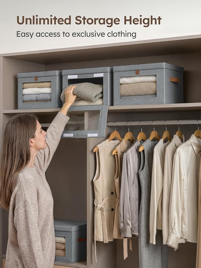 Homsorout Medium Fabric Storage bins - Collapsible Storage Bins with Open Window, 2 Pack Closet Baskets for Shelves, Stackable Decorative Boxes for Home, Dorm, Grey, 13.7"x 9.8" x 9.8"