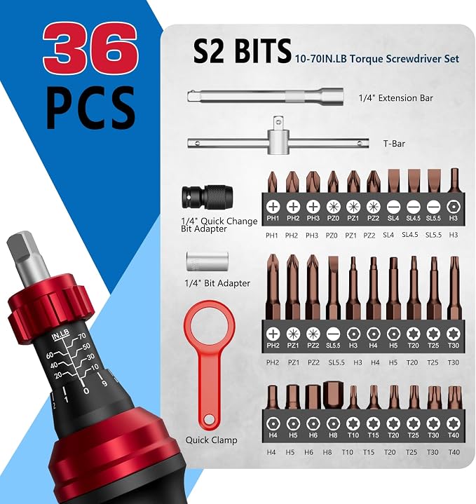 1/4" 10-70In.lb Torque Screwdriver 36 PCS Set | T-bar, Hex, Torx, and Phillips S2 Bits, Torque Wrench Screwdriver, For Scope and Car, Bike Mounting, Home DIY