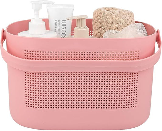 Plastic Protable Shower Caddy Basket, Storage Organizer with Handle, Pink | Bottom Drain Holes, Keep Dry, Sturdy and Durable, Easy to Carry for Bathroom, Kitchen, Dorm Room, RV, College