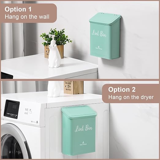 Magnetic Lint Bin for Laundry Room Organization and Storage,Light Green | Wall Mounted Metal Lint Box Holder Trash Can with Lid for Dryer,Lint Basket for Laundry Room Decor