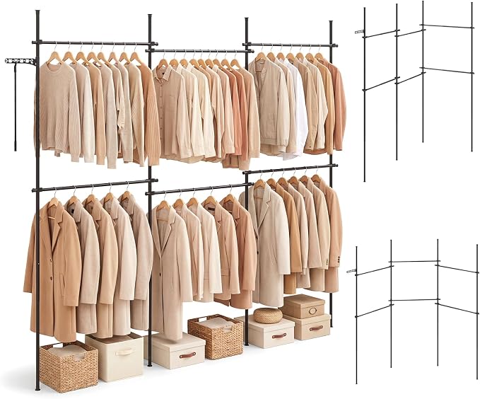 Giantex Floor to Ceiling Clothes Rack, Heavy Duty Garment Rack Adjustable | Tension Pole Closet System w/ Folding Drying Rack, Reacher Pole, Metal Garment Organizer for Bedroom, Laundry Room, Closet