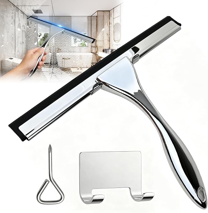 Hotel Grade Stainless Steel Squeegee 10 Inch with Adhesive Hooks - Commercial Shower Squeegee for Hotel Bathroom Glass Door Mirror Tile, Streak-Free Multi-Purpose Cleaning Tool for Hotel Use, Silver