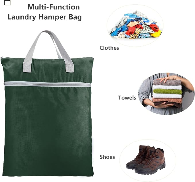 BeeGreen Dark Green Travel Laundry Bag with Srap & Zipper Pockets Hanging Laundry Hamper Heavy Duty Collapsible for Dirty Clothes College Dorm Gym Beach Pool Swimsuit