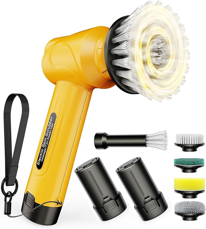 qimedo Battery Electric Spin Scrubber Q4, Handheld Scrubber for Cleaning with Display, Power Dish Scrubber with 5 Heads, Shower Cordless Cleaning Brush for Bathroom/Sink/Window