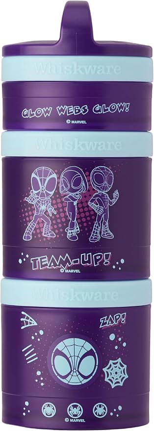 Whiskware Spider-Man Team Spidey Stackable Snack Containers for Babies, Kids, and Toddlers, 3 Stackable Snack Cups for School or Travel, Cupholder Friendly, Glow Webs Glow!
