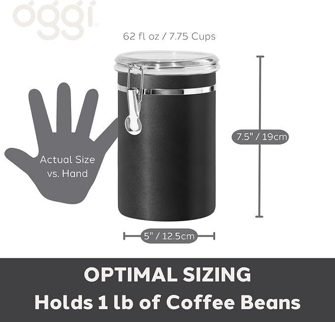 Oggi Stainless Steel Kitchen Canister 62 fl oz, Black - Airtight Clamp Lid, Clear See-Thru Top - Ideal for Kitchen Storage, Food Storage, Pantry Storage. Large Size 5" x 7.5".