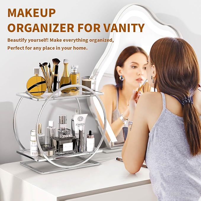 Perfume Organizer for Bedroom Dresser- Sliver Makeup Organizers for Vanity, 2 Tier Bathroom Countertop Organizer Perfume Tray Skincare Storage Cosmetic Display Rack, Make Up Counter Shelf
