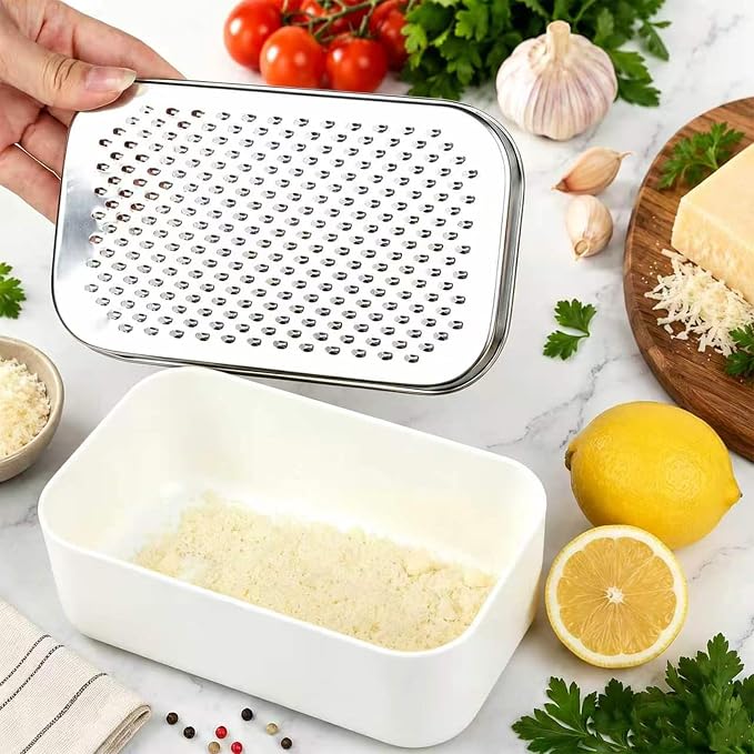 Cheese Grater with Storage Container, Box Grater Stainless Steel for Vegetables, Cheese Shredder 2 Sharp Blades for Fine & Coarse, Non-Slip Base, Lemon Zester, Includes Cleaning Brush (White)