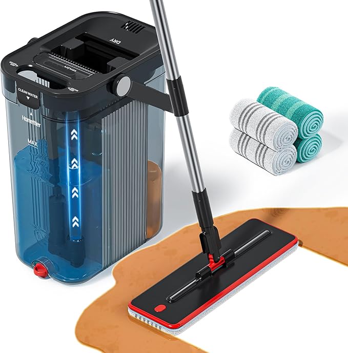 HoMettler Transparent Mop and Bucket Set with Separate Dirty & Clean Water, 65" Flat Mop for Floor Cleaning, 4 Machine Washable Microfiber Pads for Wood Tile-Black