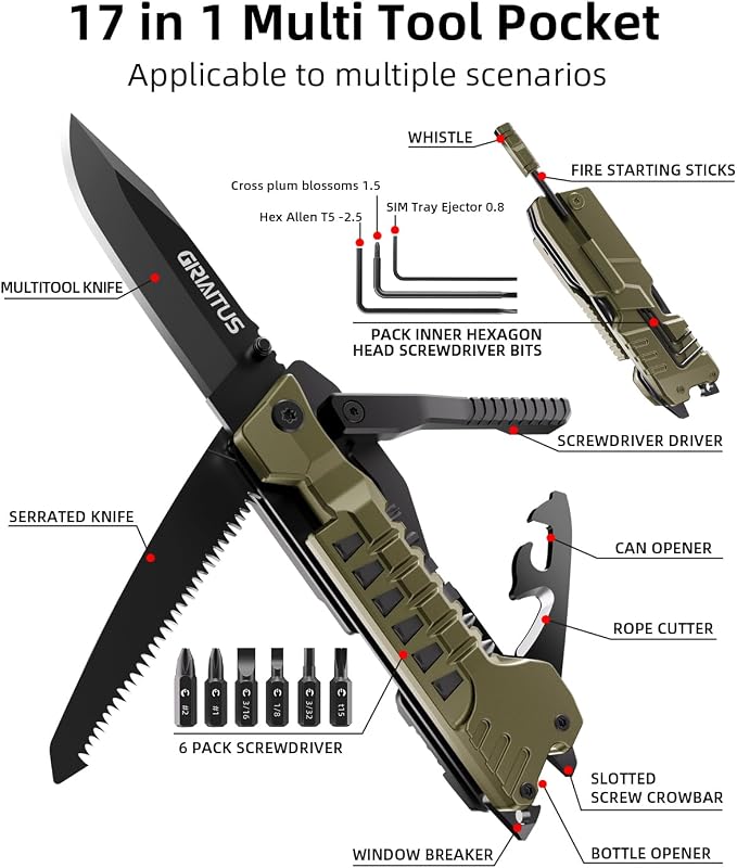 Multitool Knife 17 in 1 Pocket Knife with Fire Starter Sticks for Camping | Bottle Opener, Saw, Whistle, Nylon Sheath, EDC Gear for Survival, Camping, Hiking, Outdoor, Gifts for Men - Desert Gray