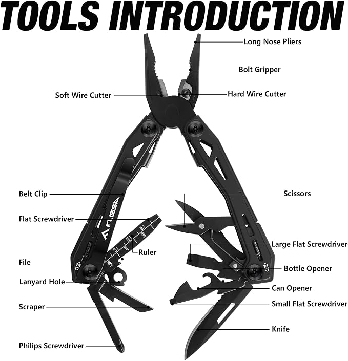 FLISSA 16-In-1 Multi Tool, EDC Multitool, Black | Gift for Men, Stainless Steel, Pocket Knife, Pliers, Belt Clip, Oxford Sheath, Safety Locking, For Camping, Outdoor