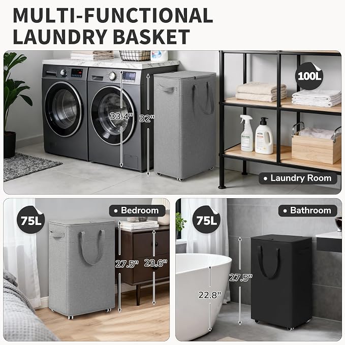 Goodpick 75L Rolling Laundry Hamper with Wheels and Lid, Black | 16.5 × 12.5 × 27.5 in, Removable Wash Bag, Collapsible, Dorm & Bathroom Organization, Dirty Clothes & Bedding Storage