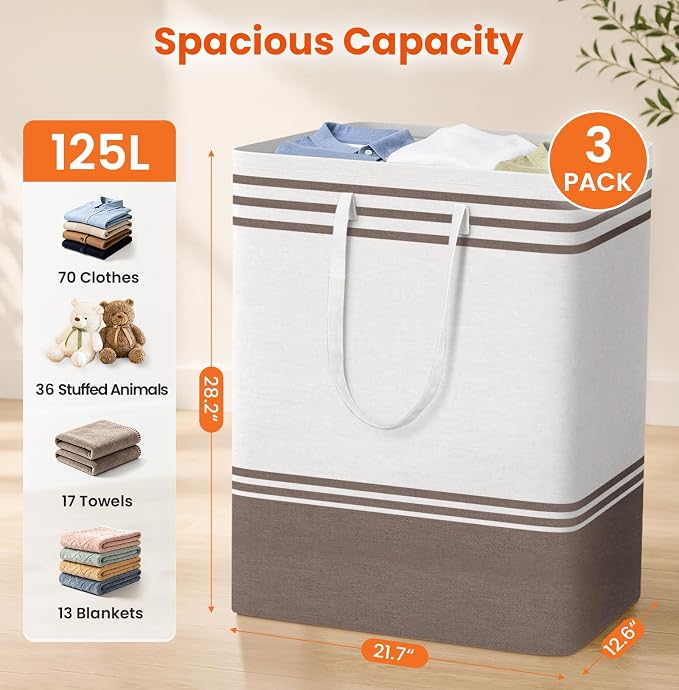 TranquilRelax 3-Pack Laundry Basket, Laundry Hamper, Khaki-125L | Freestanding＆Water-Resistant Laundry Hamper, Collapsible Tall Clothes Hamper with Carry Handles for Clothes, Laundry Basket