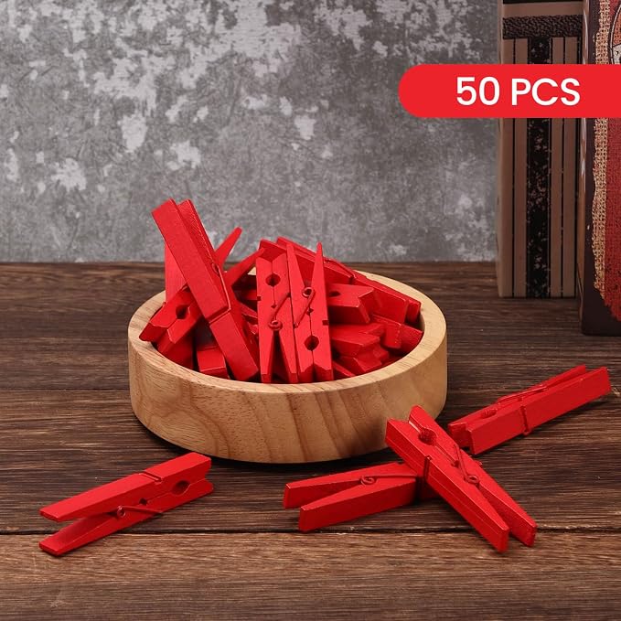 50PCS Colored Wooden Clothespins 2.9 Inch Color Clothes Pins for Pictures | Colorful Close Pins Wood for Photos Classroom School Decoration Craft Cheer, Red