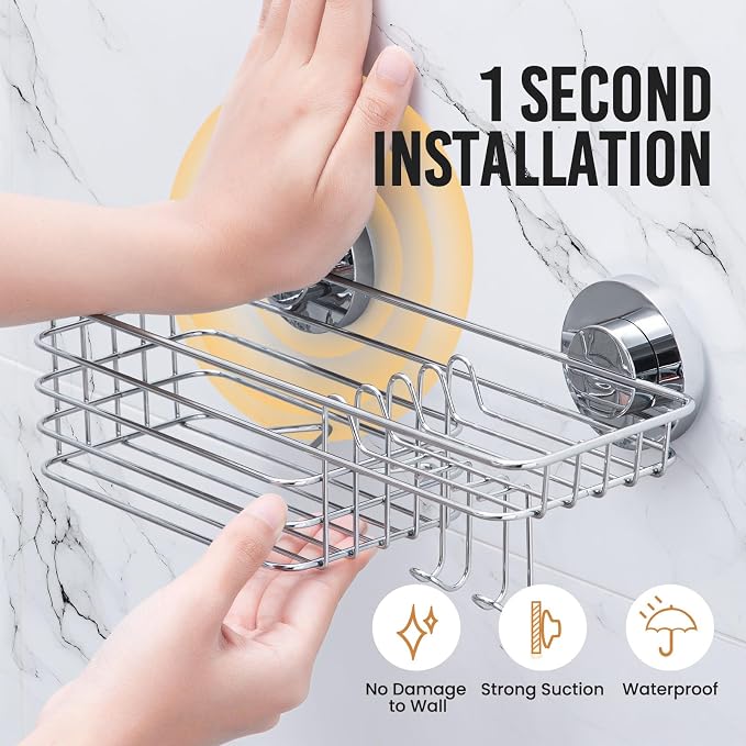 LEVERLOC Shower Caddy Suction Cup, 3 Pack Heavy Duty Bathroom Organizer for Inside Shower with Hooks & Soap Holder, Removable Bathroom Organizer, Rustproof Silver Holder Storage,Silver