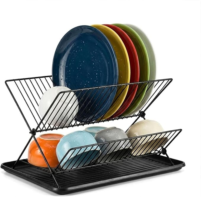 Black Foldable Double-Tier Dish Rack Large-Capacity Expandable Dish Rack, Rust-Proof Dish Rack, Draining Tray Suitable for Kitchen Worktops (Black)