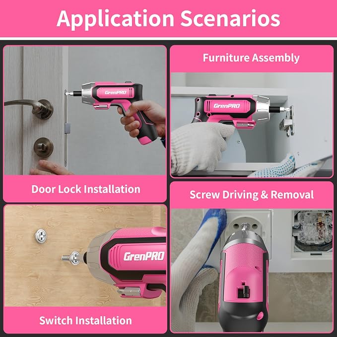 GRENPRO 4V Cordless Electric Screwdriver Set 29-Piece, Pink | Built-In Non-Removable Battery Charges via USB, Not Sold Separately, Included Bits Support Home Repairs and Assembly