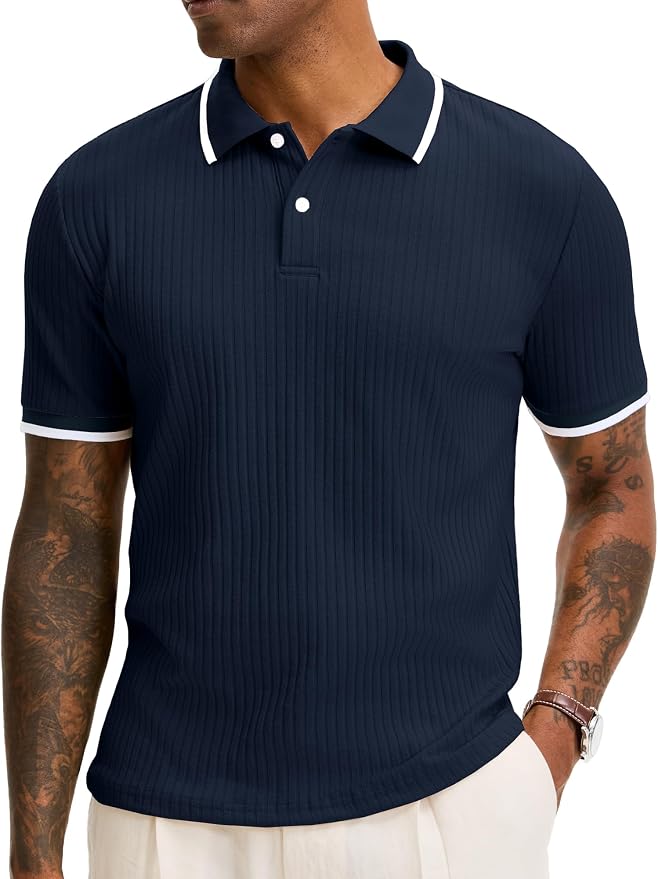 Comdecevis Men's Regular Fit Short Sleeve Knit Polo Shirts | Business casual, lightweight, breathable, stretch textured fabric, moisture wicking, easy care