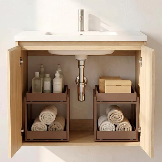 Bamboo Under Sink Organizer Adjustable Height 2 Tier Bathroom Organizer Pull Out Cabinet Storage Kitchen Heave Duty Wood Slide Ou Shelf for Kitchen Bathroom (Black, 2 Packs) (Brown, 2 Pack)