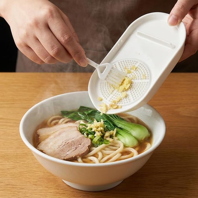 4 in 1 Porcelain Ginger Grater Plate with Egg Cracker, Spoon Rest and Herb Stripper, Ceramic Garlic Grater with Brush for Grinding Wasabi, Ginger, Garlic, Cheese 6.8" × 3.6"(Dishwasher Safe)