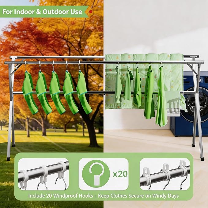 Foldable Clothes Drying Rack, Stainless Steel Laundry Drying Rack | Adjustable 56.3"-95", 20 windproof hooks, heavy-duty rustproof, folds compactly, indoor/outdoor use