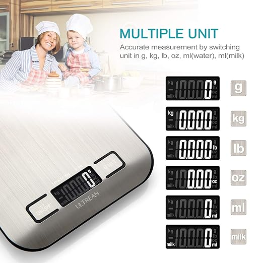 Ultrean Food Scale, Digital Kitchen Scale with LCD Display, Weight Grams and Ounces for Baking Cooking and Meal Prep, 6 Units with Tare Function, 304 Stainless Steel, 11lb (Batteries Included)