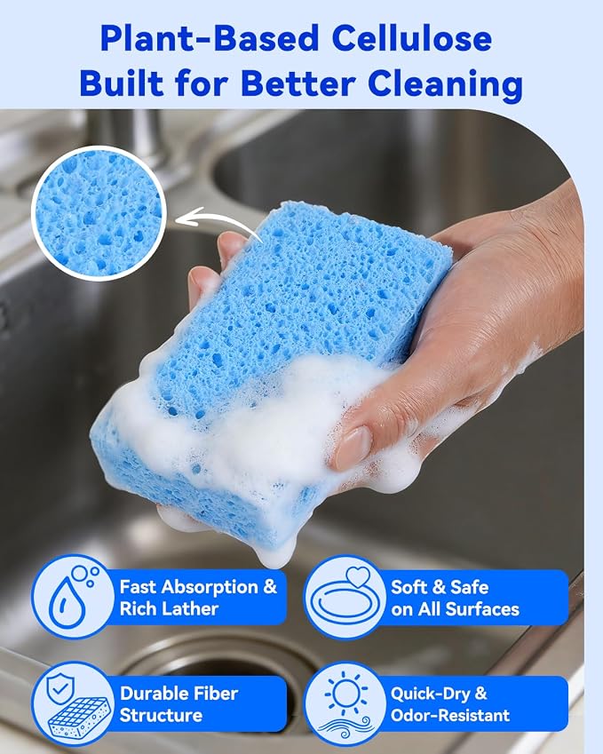 Temede Cellulose Sponges, Heavy Duty Kitchen Sponges, Non-Scratch, 6 Pack | Pop-Up Compressed Cellulose Dish Sponges, with a Durable and Firm Texture for Cookware, Bathroom and Household Cleaning
