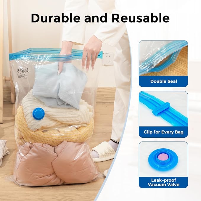 ETENWOLF 20 Combo Vacuum Storage Bags for Travel with Wireless Pump | Vacuum Seal Bags for Clothing Travel, Compression Packing Bags for Clothes and Blankets, Space Saver Bags in Carry-On Sizes