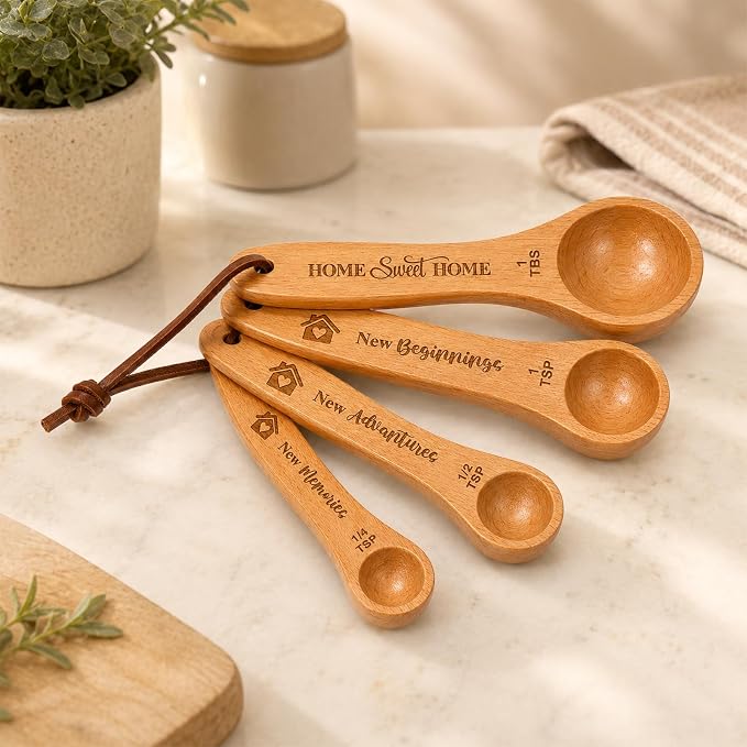 House Warming Gift New Home, Wooden Measuring Cups and Spoons Set, Housewarming Basket for Homeowners Couple Women, Closing Gifts for Home Buyers, First Apartment Kitchen Gadgets for Cooking & Baking