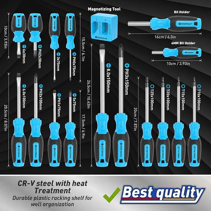 Amartisan 86-Piece Magnetic Screwdrivers Set with Case | Includs Slotted, Phillips, Hex, Pozidriv,Torx and Precision Screwdriver, Magnetizer Demagnetizer Tools, Tools for Men(Blue)