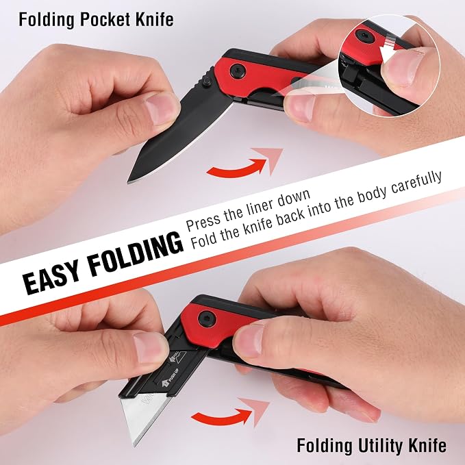 WORKPRO 2-in-1 Folding Knife/Utility Knife, Wood Handle, Red G10 Handle | Quick-Change Box Cutter, Liner Lock, Belt Clip, 10 SK5 Blades, Carton Cutting, Camping, Hiking, DIY Projects