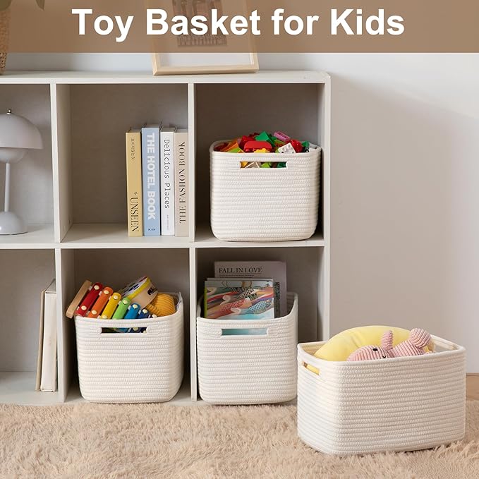 OIASKET Storage Baskets for Organizing, Woven Decorative Baskets for Shelves - Books, Towels, and Clothes, Cotton Rope Toy Storage Bins, 12.7''Lx9''Wx7.8''H, Pack of 4, White