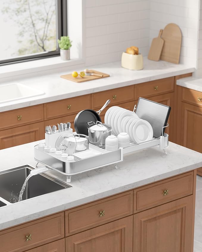 Kitsure Expandable Metal Dish Drying Rack, 16.1-26.6" L x 12.6" W, White | Dish Racks for Kitchen Counter, Auto-Drain Drying Rack for Kitchen, Cutlery Holder, Non-Slip Feet, Anti-fall Fence