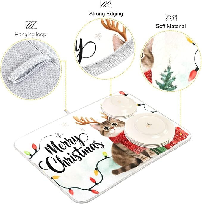 Merry Christmas Kitty Dish Drying Mat for Kitchen Countertop 16x18 Winter Cat Xmas Reindeer Small Drying Mat Reusable Quick Dry Dish Sink Mats Easy Clean Decorative Essentials