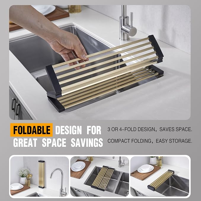 Foldable Over Sink Dish Drying Rack, 304 Stainless Steel Kitchen Drain Rack for Tableware, Detachable Silicone Edge, Rectangular Tubing (Brushed Gold, 3 Fold 19.7" x 11.42")