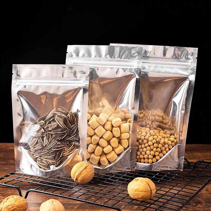 200 Pack 5x8 Mylar Bags with Window Stand Up Bgas 7.5mil Thick for Food Storage and Resealable for Small Business Packaging Bag | 7.5 Mil Thick, Food Storage, Resealable Closure, Small Business Packaging, Upright Base, Viewing Panel