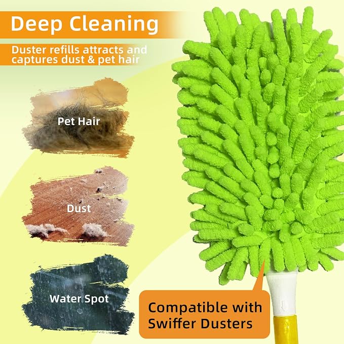 Reusable Chenille Duster Refill Compatible with Swiffer Duster | 360 Heavy Duty Dusters Refills - Washable Microfiber Ceiling Fan Duster for Swiffer Dusters, 6 Pack(Handle is Not Included)