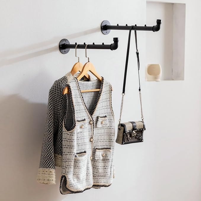 Homeyeeng Industrial Wall Pipe Clothes Bar - Heavy Duty Metal Coat Hanger with Hook, Wall-Mounted Garment Holder Racks,Wall Clothing Racks/Hanging Rail, 4Pcs